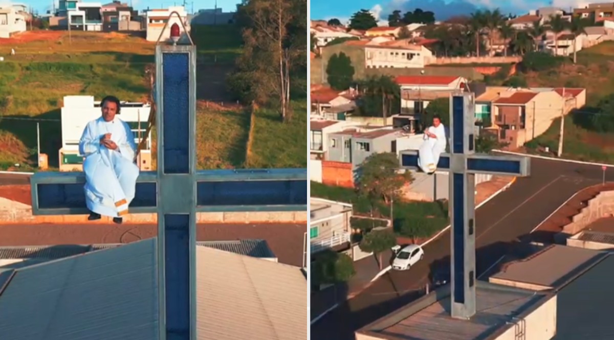 VÍDEO: padre sobe em cruz de igreja a 30 metros de altura para convidar comunidade para festa, no Paraná
