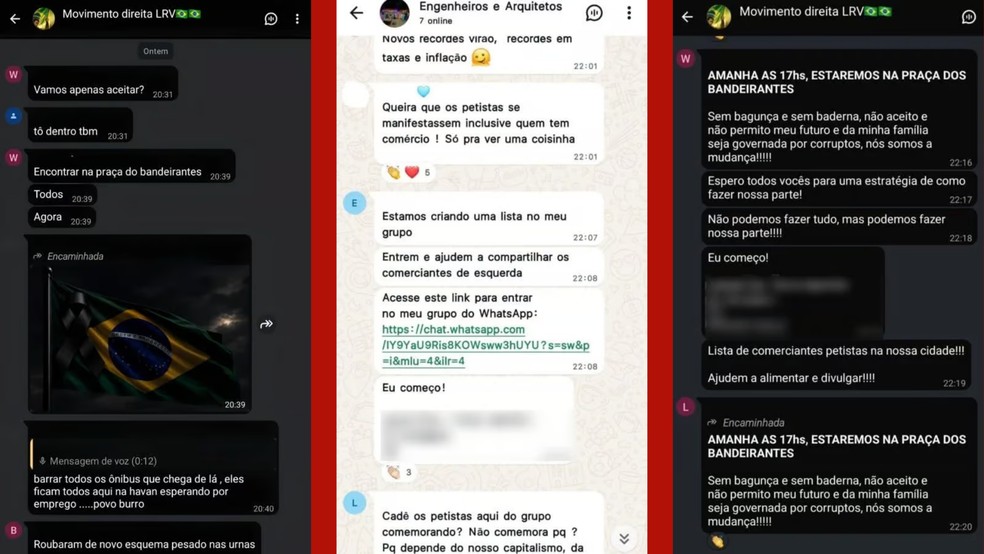 Mensagens compartilhadas em grupos do WhatsApp de Lucas do Rio Verde (MT) sugerem boicotes a empresas supostamente ligadas a apoiadores do presidente reeleito Luiz Inácio Lula da Silva (PT) — Foto: Reprodução