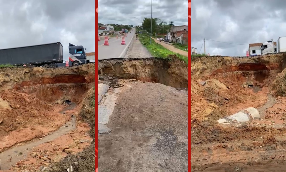 Cratera se abre após chuva e trecho da BR-116 tem desvio e trânsito lento