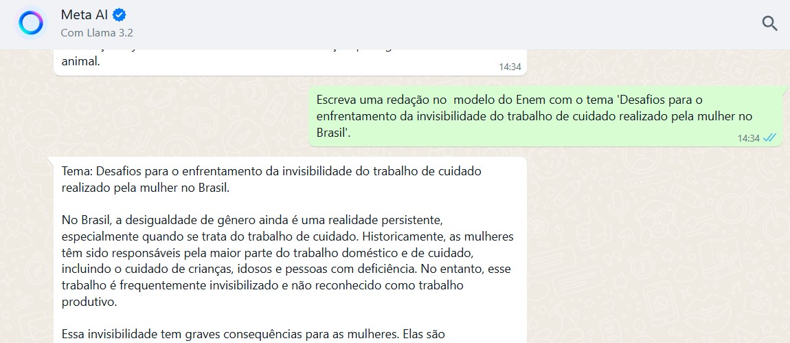 Que nota a Meta AI, inteligência artificial do Whatsapp, tiraria na redação do Enem? 