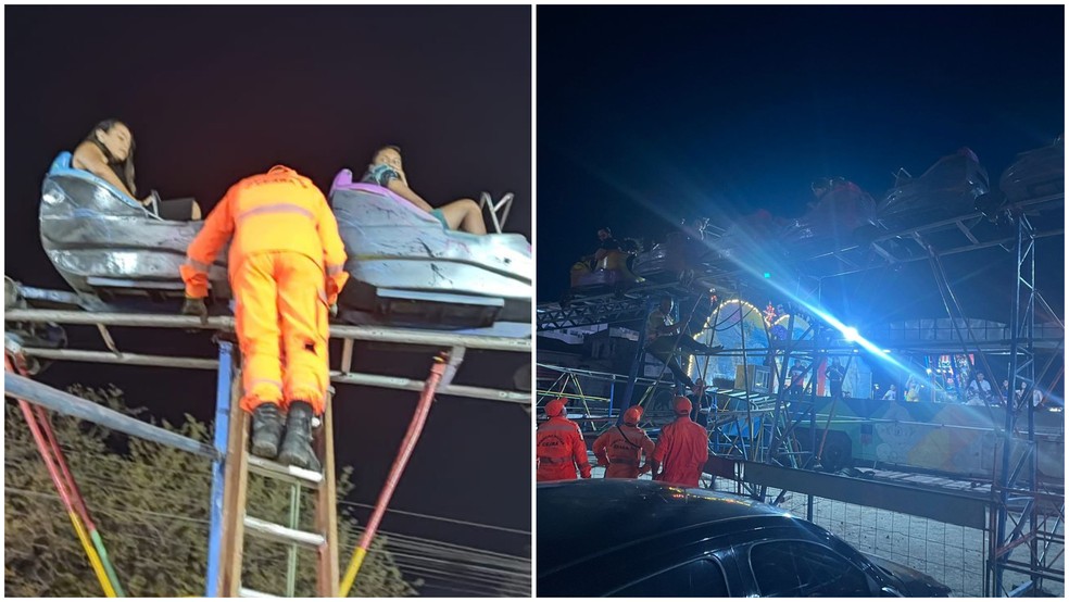 Bombeiros resgataram grupo que ficou preso em montanha-russa no Ceará — Foto: Reprodução