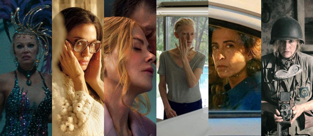Atrizes indicadas ao Globo de Ouro 2025: Pamela Anderson, Angelina Jolie, Nicole Kidman, Tilda Swinton, Fernanda Torres e Kate Winslet  Foto: Divulgao
