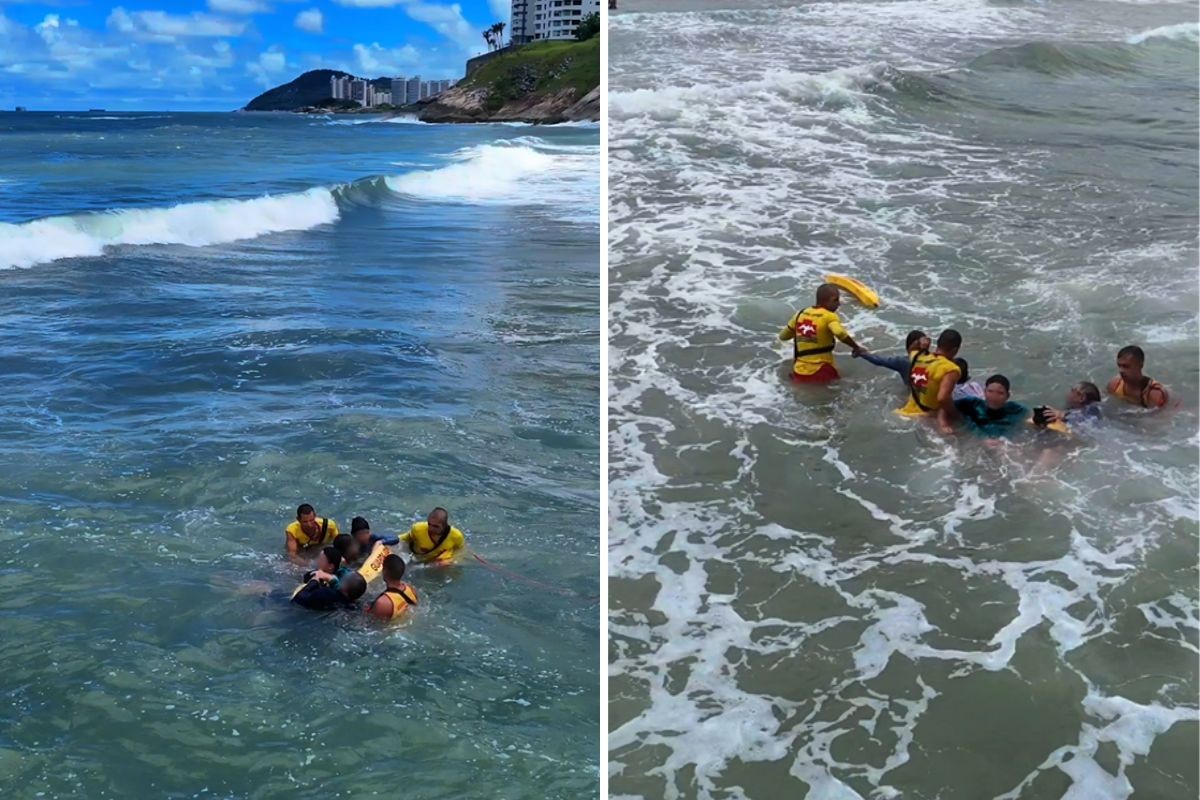 Guarda-vidas resgatam pai e três filhos no mar em Guarujá; VÍDEO