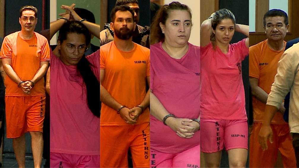 Da esquerda para a direita - Eustáquio Diego Fabiano Campos (médico); Gerusa de Fátima Nogueira Lopes (chefe do Setor de Compras); Wandson Jonath Barros (contador); Clementina de Jesus Pinheiro Oliveira (pregoeira do Município); Janaína Soares Lima (ex-vice-prefeita) e Marlon de Jesus Arouche Serrão (marido da ex-vice-prefeita). — Foto: Reprodução/TV Mirante