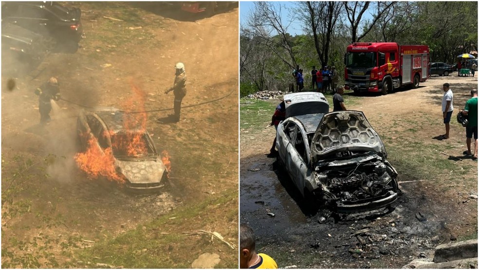 Carro fica destruído após pegar fogo no Horto do Padre Cícero — Foto: Reprodução