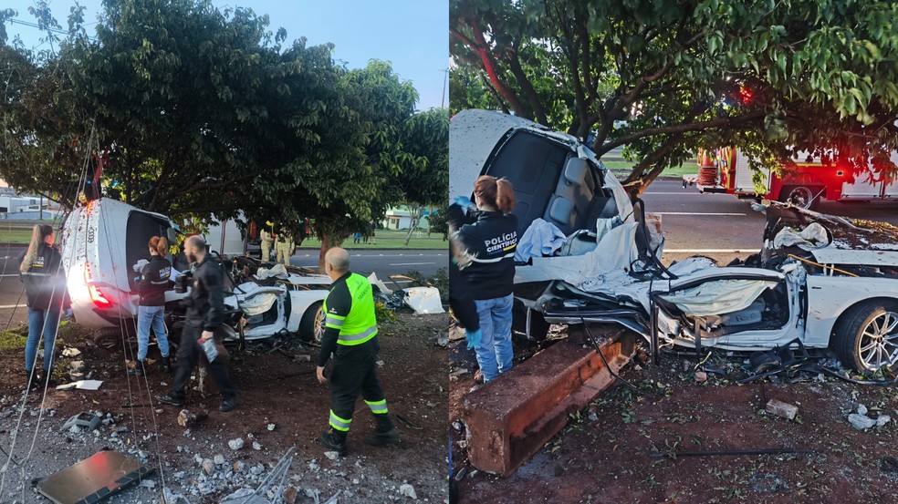 Carro fica totalmente destruído após batida em Cascavel — Foto: Polícia Militar do Paraná