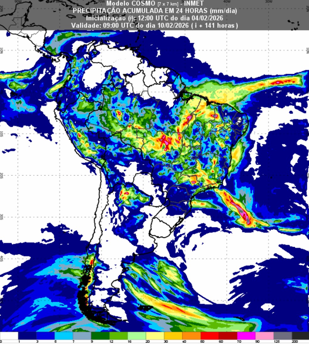 Mapa do Inmet mostra onde deve chover mais no Brasil até até domingo (9). Acumulados mais altos se concentram no Norte, no Centro-Oeste e no Sudeste. — Foto: Inmet/Reprodução