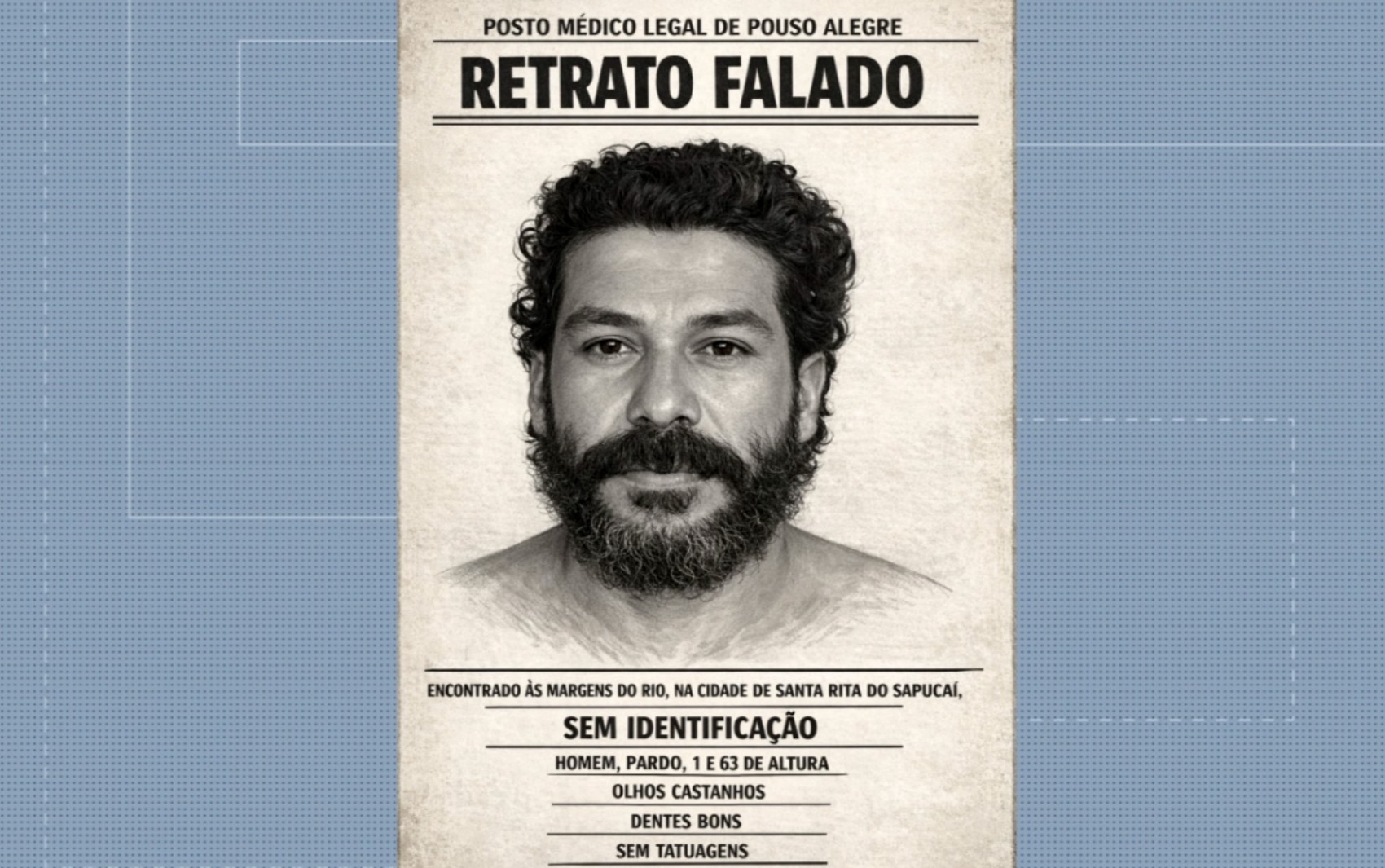 Polícia Civil divulga retrato falado para identificar homem encontrado morto em rio de Santa Rita do Sapucaí, MG