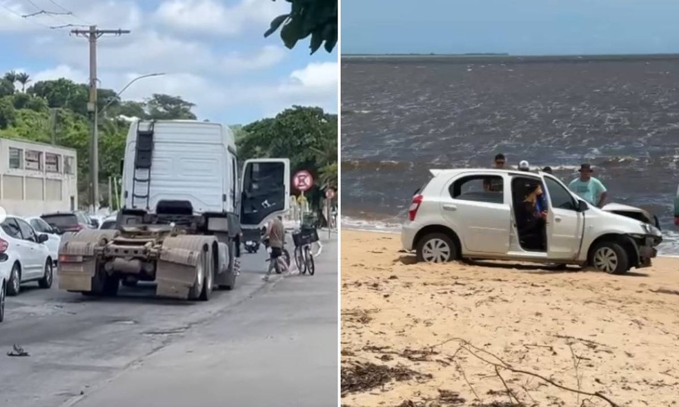 Carro invadiu praia após bater em carreta na Bahia — Foto: Porto Seguro Notícias