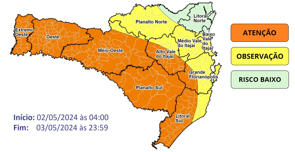 Mapa da Defesa Civil mostra áreas com mais risco para estragos causados pela chuva em SC — Foto: Defesa Civil/Divulgação