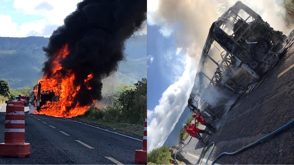 Ônibus que levava estudantes e professores pega fogo no interior do Ceará. — Foto: Reprodução
