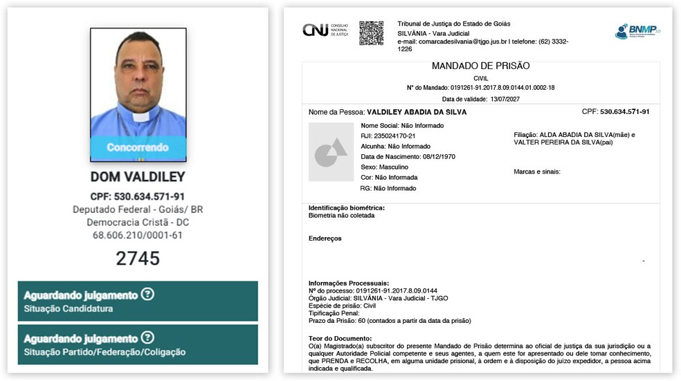 Dom Valdiley aparece como “concorrendo” no DivulgaCand, do TSE, e em mandado de prisão civil por dívida de pensão alimentícia, disponível no BNMP — Foto: Montagem/g1, Reprodução/TSE e CNJ