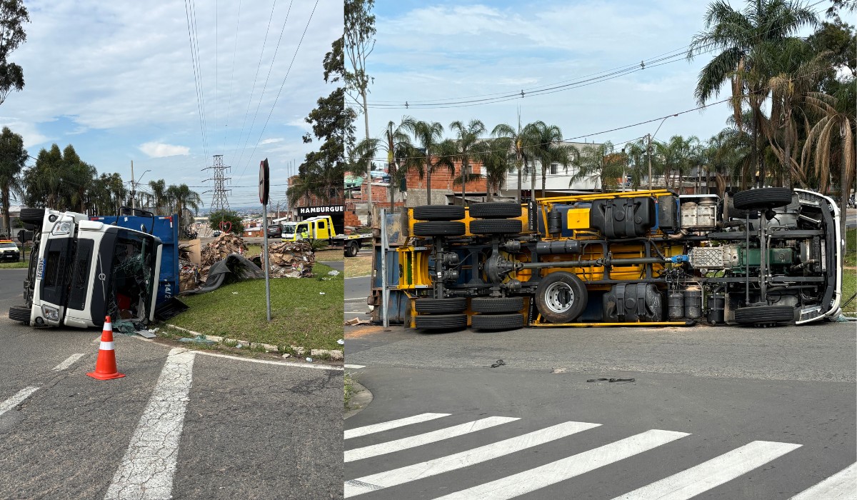 Caminhão carregado com papelão tomba e deixa dois feridos em Campinas