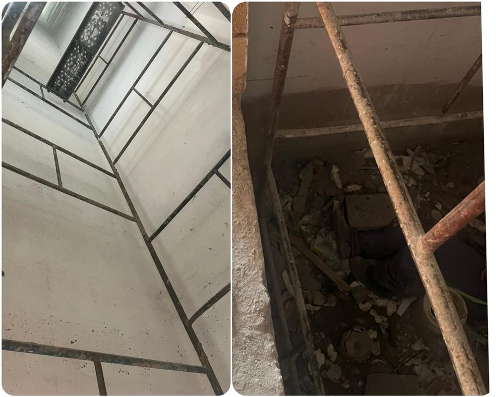 Trabalhador caiu de andaime montado dentro do fosso do elevador — Foto: Arte g1/Corpo de Bombeiros