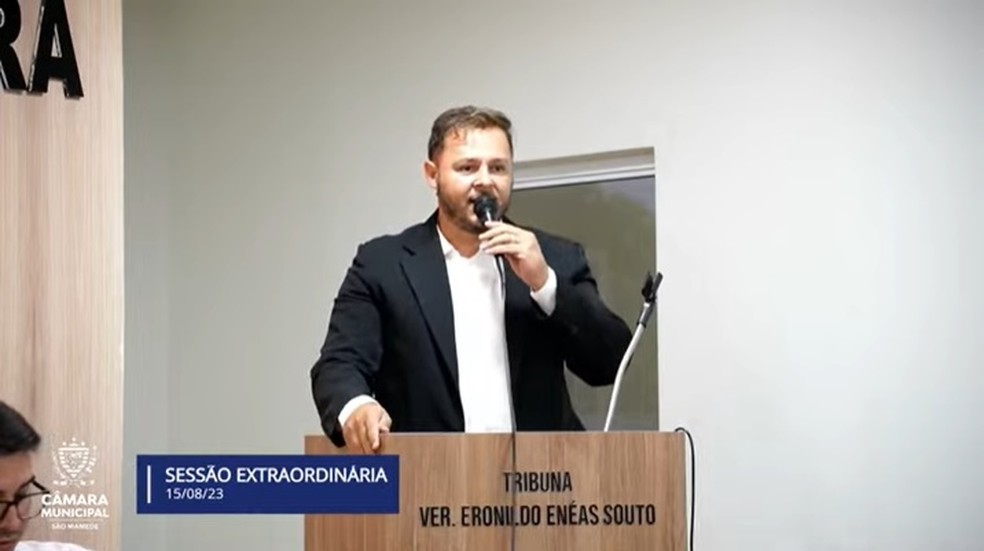 Após  prisão de prefeito em operação da PF, vice toma posse na prefeitura de São Mamede, PB. — Foto: Reprodução/YouTube Câmara Municipal de São Mamede