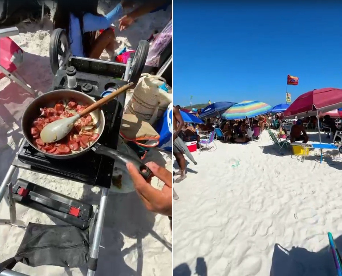 Turistas transformam areia da Praia do Forte em ‘cozinha’ em Cabo Frio