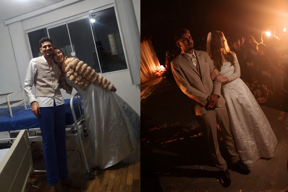 Noivo sofre acidente antes do casamento, encontra a noiva no hospital e cerimônia é iluminada por faróis de carros de convidados — Foto: Arquivo pessoal