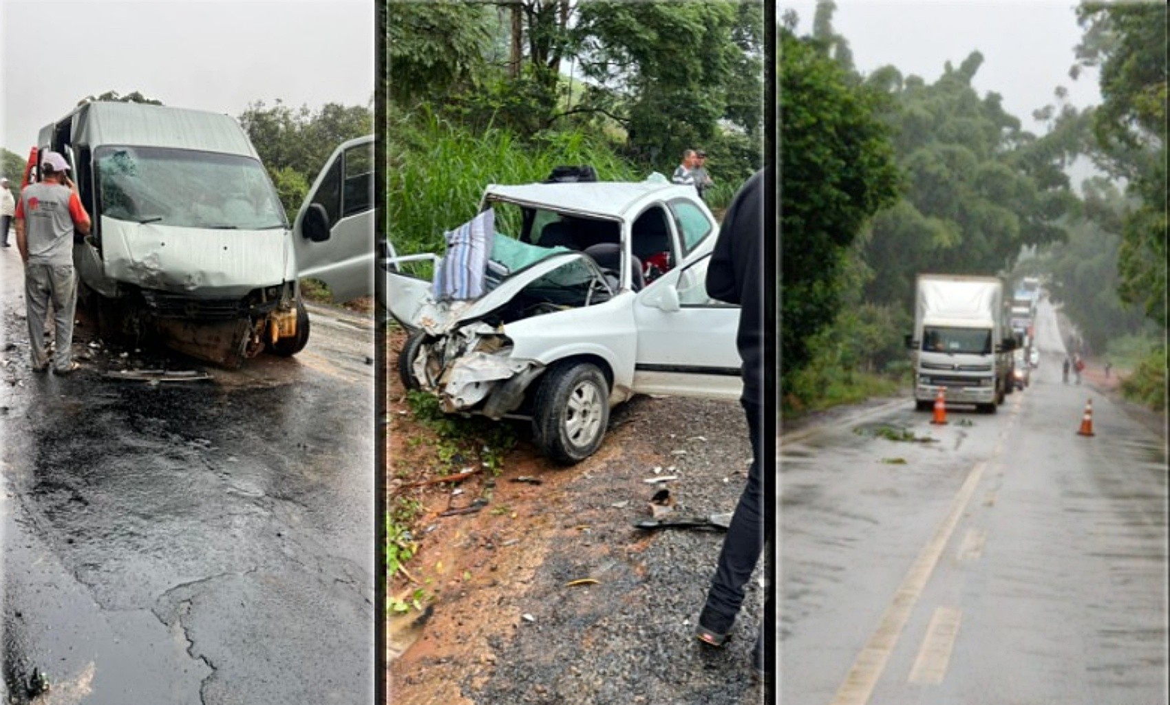 Acidente entre van e carro deixa quatro pessoas feridas e interdita pista da MG-179