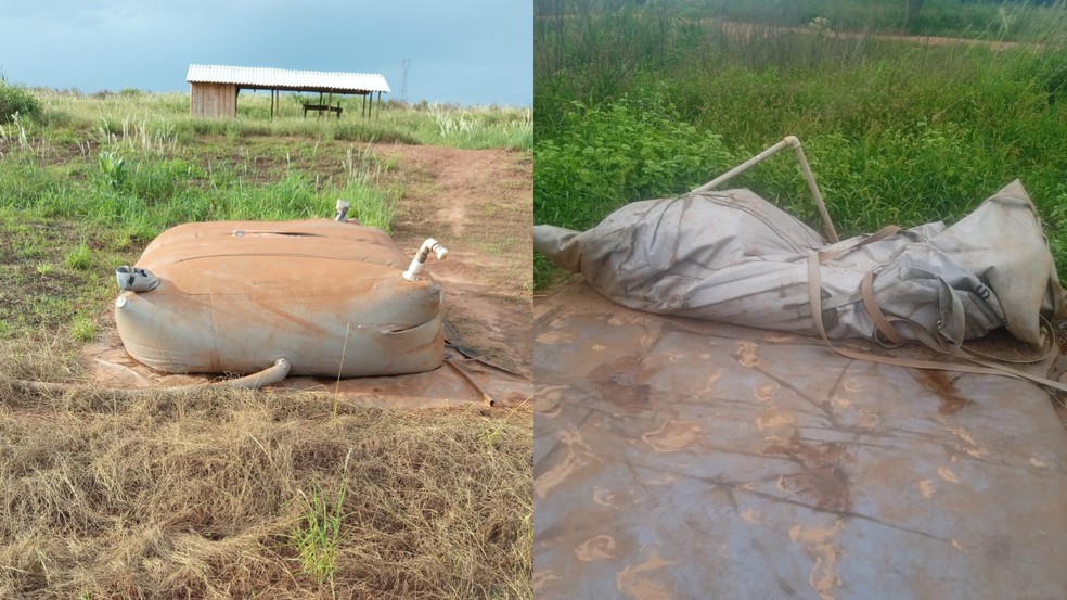 Caixa d'água de seis mil litros não é suficiente para abastecimento da aldeia. À esquerda, imagem mostra equipamento cheio; à direita, vazio. — Foto: Imagens cedidas: LAET/ UNILA
