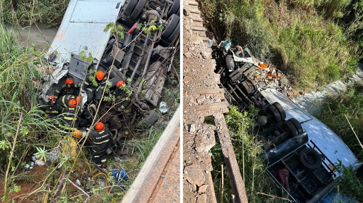 Caminhão despenca de ponte com 7 metros de altura no interior de SP