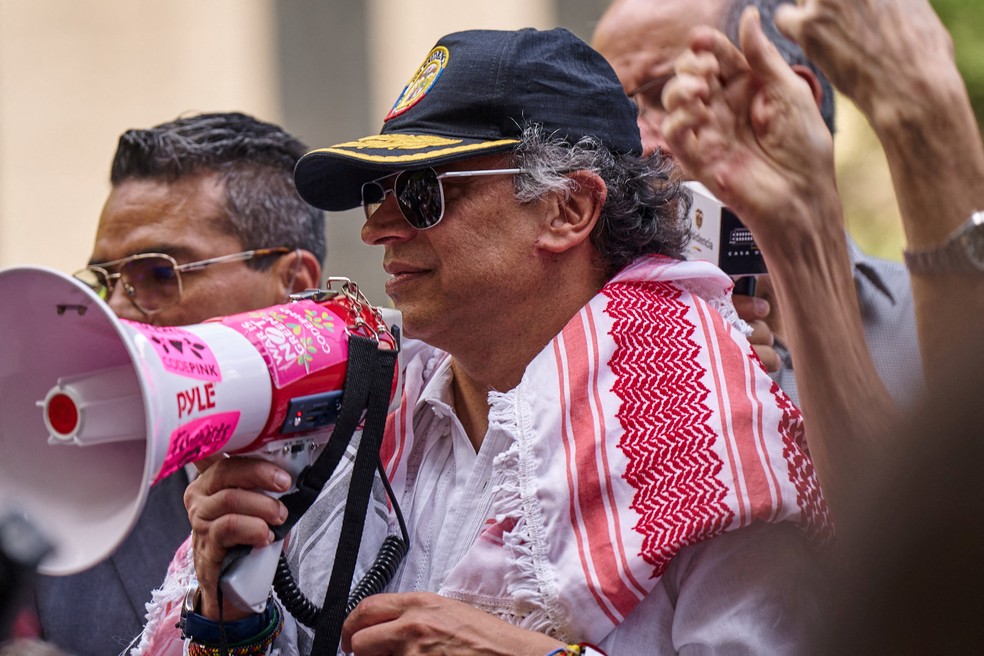 O presidente da Colômbia, Gustavo Petro, participou de uma manifestação pró-Palestina em Nova York — Foto: Bing Guan/Reuters