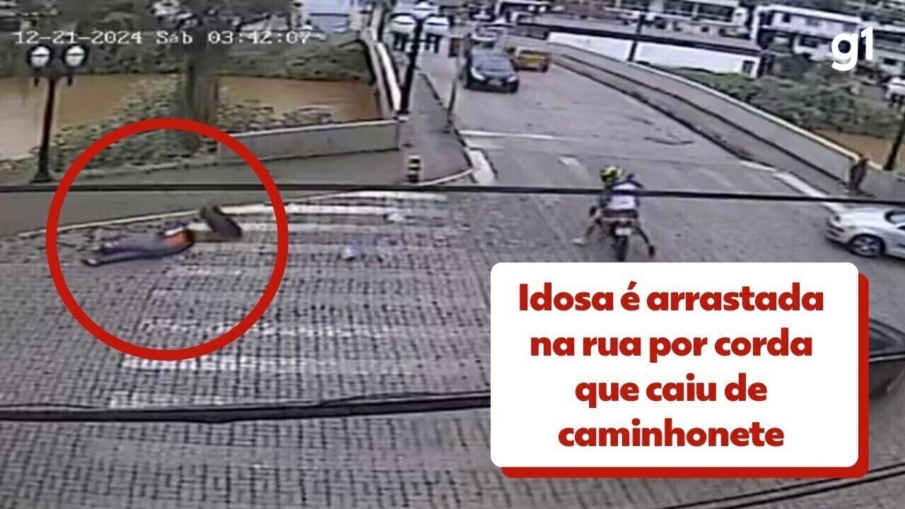 Idosa é arrastada por corda que caiu de caminhonete; VÍDEO