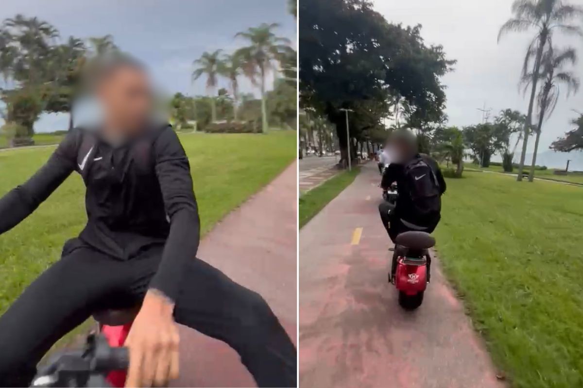 Ciclista é agredido por homem em moto elétrica após discussão no litoral de SP; VÍDEO