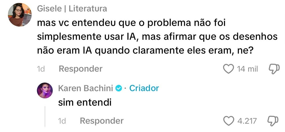 Karen Bachini respondeu a seguidores que questionavam as ilustrações e concordou com parte das críticas feitas nas redes. — Foto: Redes sociais