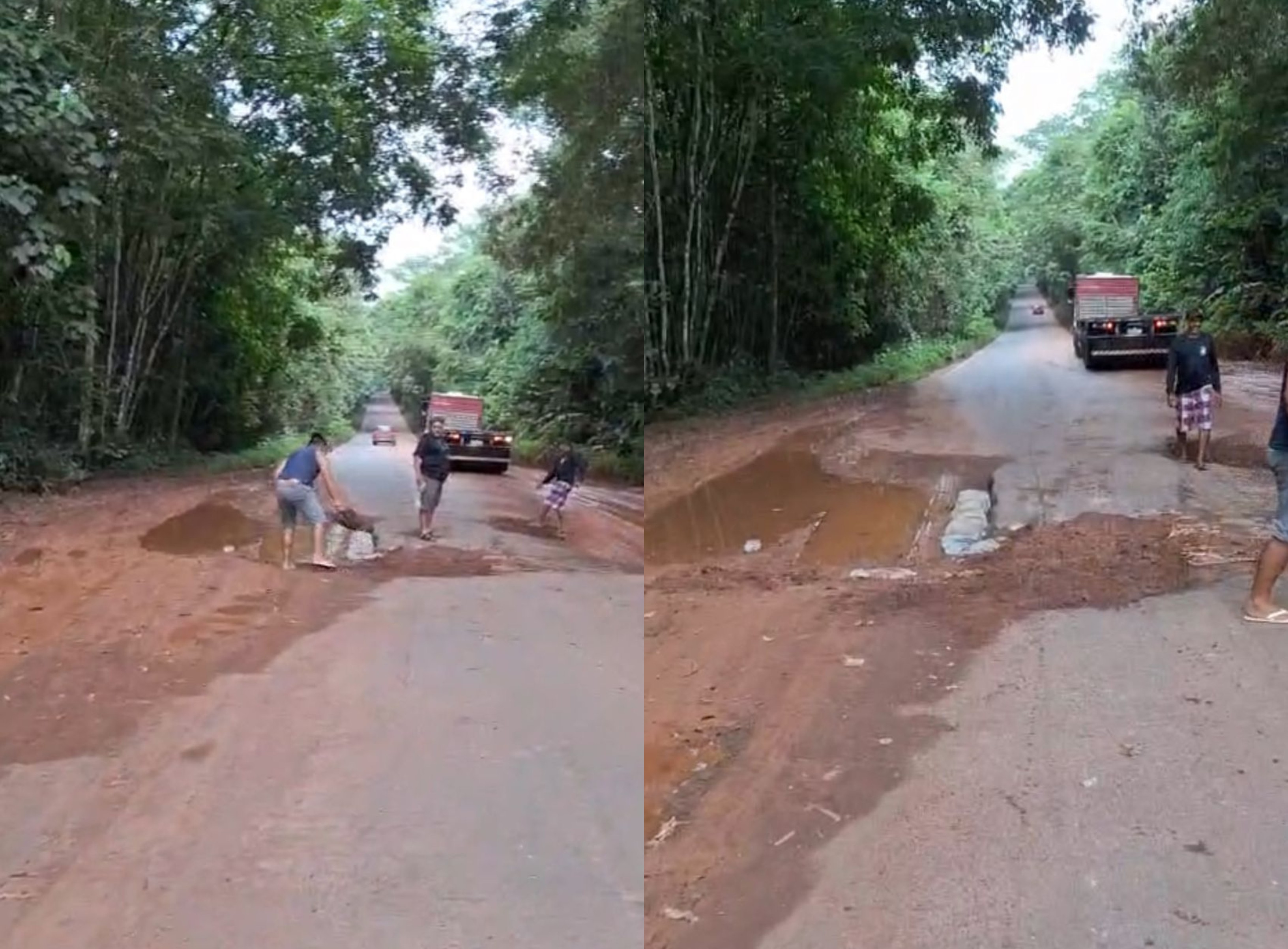 Caminhoneiros tapam buracos para evitar acidentes na BR-174, única rodovia de acesso a Roraima 
