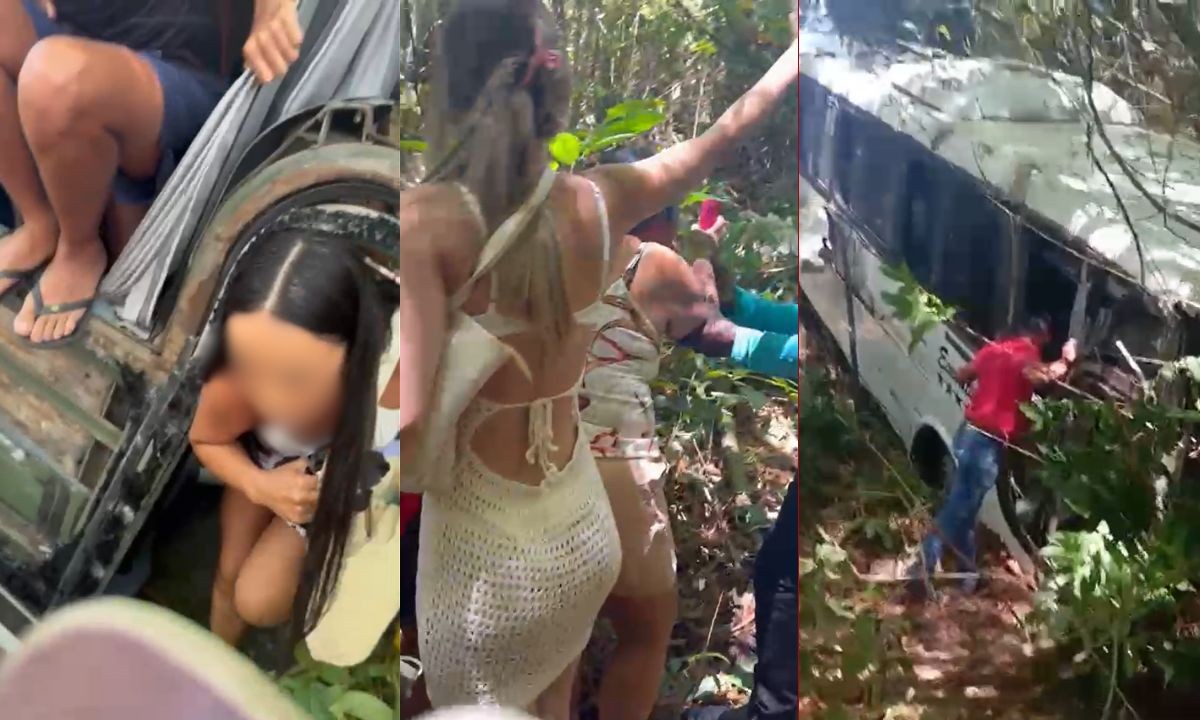 Passageiros saem de ônibus pela janela após veículo cair em ribanceira na BA-001