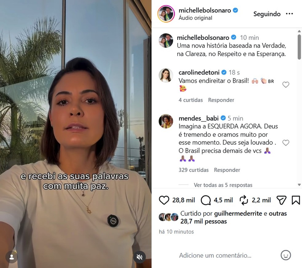 Michelle posta vídeo em que aceita pedidos de desculpas de Flávio Bolsonaro — Foto: Reprodução