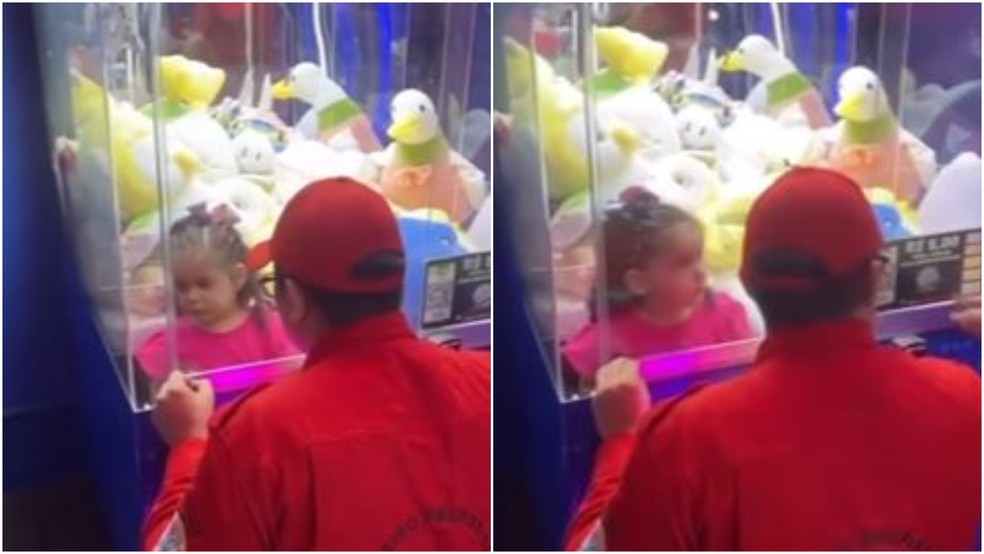 Menina de 3 anos ficou cerca de meia hora presa em máquina de pelúcias em shopping de Fortaleza. — Foto: Reprodução