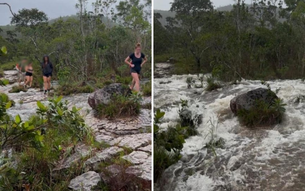 Trilha antes e depois de cabeça d'água, em Alto Paraíso de Goiás — Foto: Arquivo pessoal/Lana Guedes