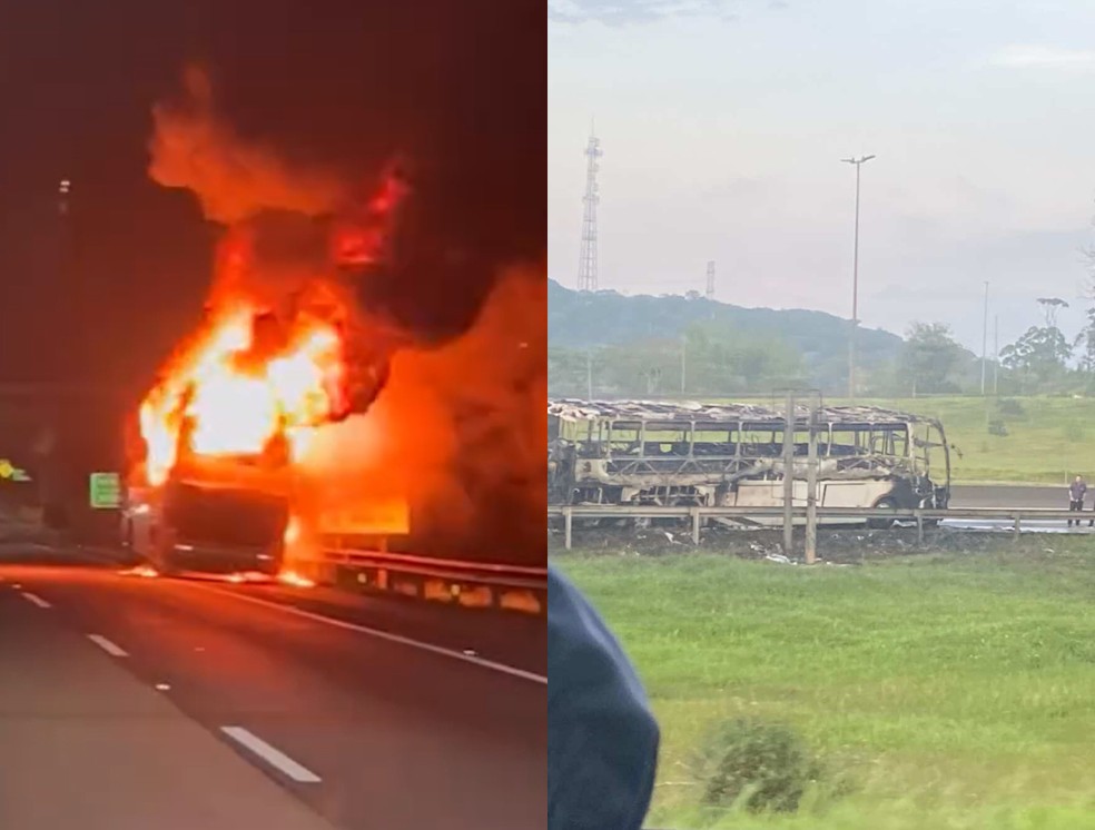 Ônibus com atletas de natação pega fogo após pneu estourar em SC