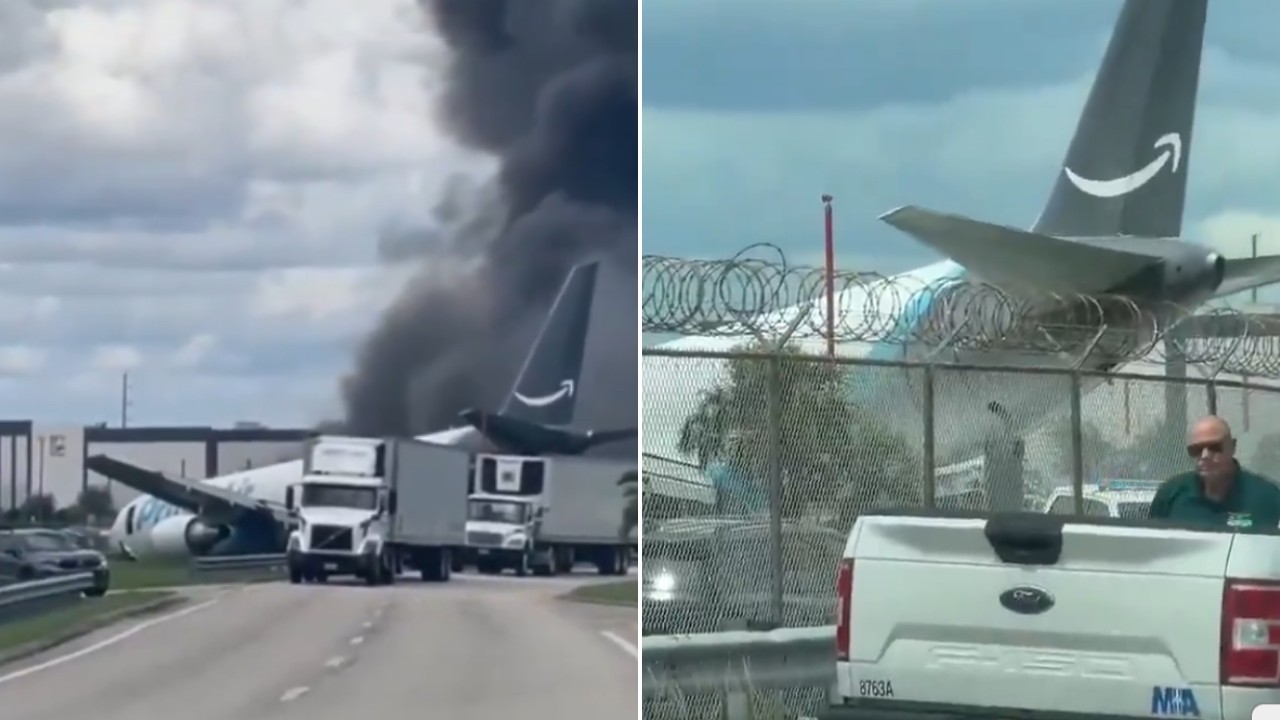 Avião cargueiro da Amazon sai da pista e atravessa estrada perto de aeroporto em Miami