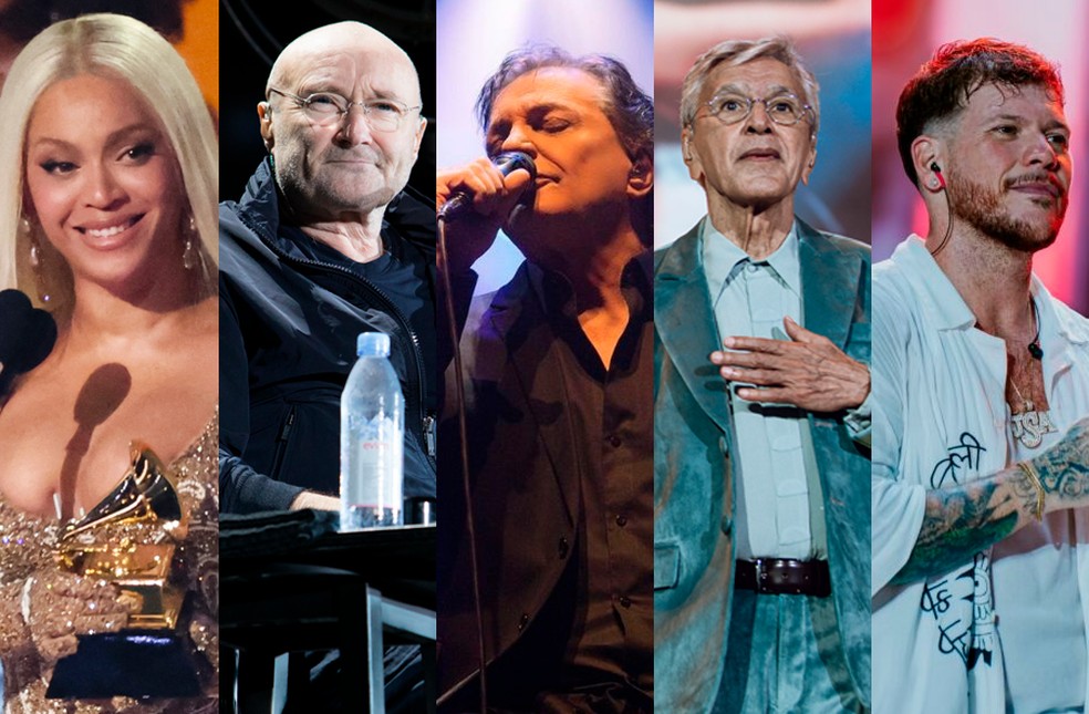 Beyoncé, Phil Collins, Fábio Jr, Caetano Veloso e Ferrugem — Foto: REUTERS/Mario Anzuoni/Celso Tavares/G1/Divulgação