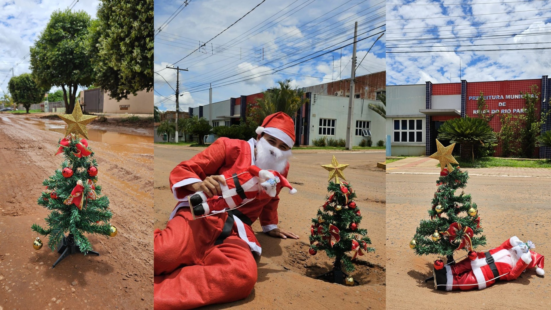 Papai Noel viraliza ao enfeitar buracos de ruas de Ribas do Rio Pardo com árvore de Natal; vídeo