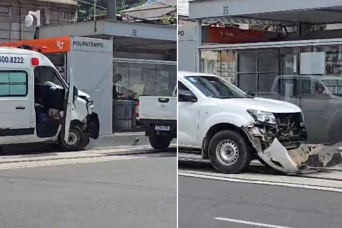 Ambulância bate em caminhonete e atinge estação do VLT em Santos