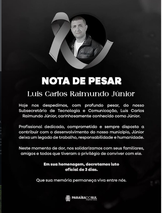 Subsecretário de Tecnologia e Comunicação, Luis Carlos Raimundo Júnior, morre em acidente em Paraíba do Sul