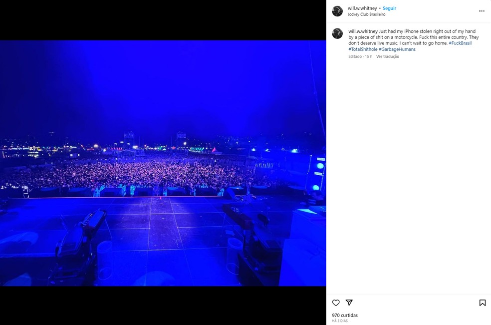 Técnico de som de Lana Del Rey é roubado no Rio e xinga o país — Foto: Reprodução/Instagram/Will Whitney