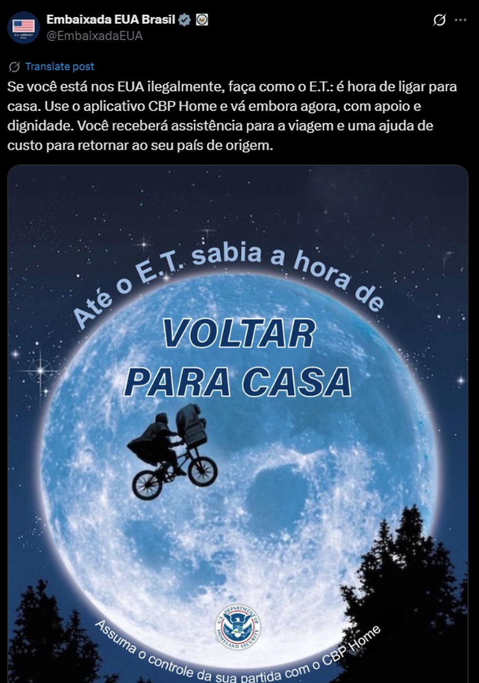 Publicação da embaixada dos EUA no Brasil — Foto: Reprodução