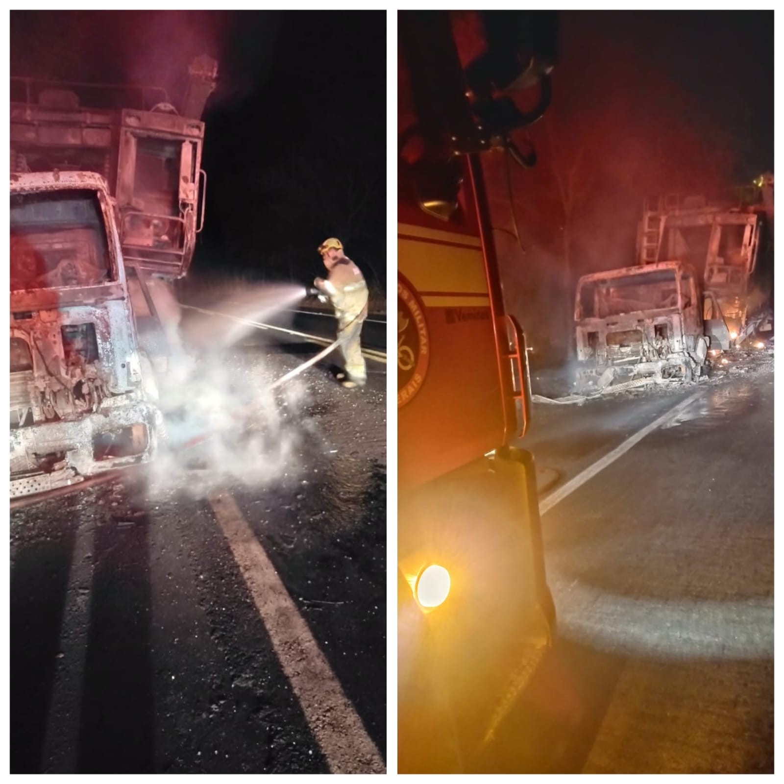 Caminhão-prancha que transportava moto e colheitadeira pega fogo na BR-365; VEJA VÍDEO