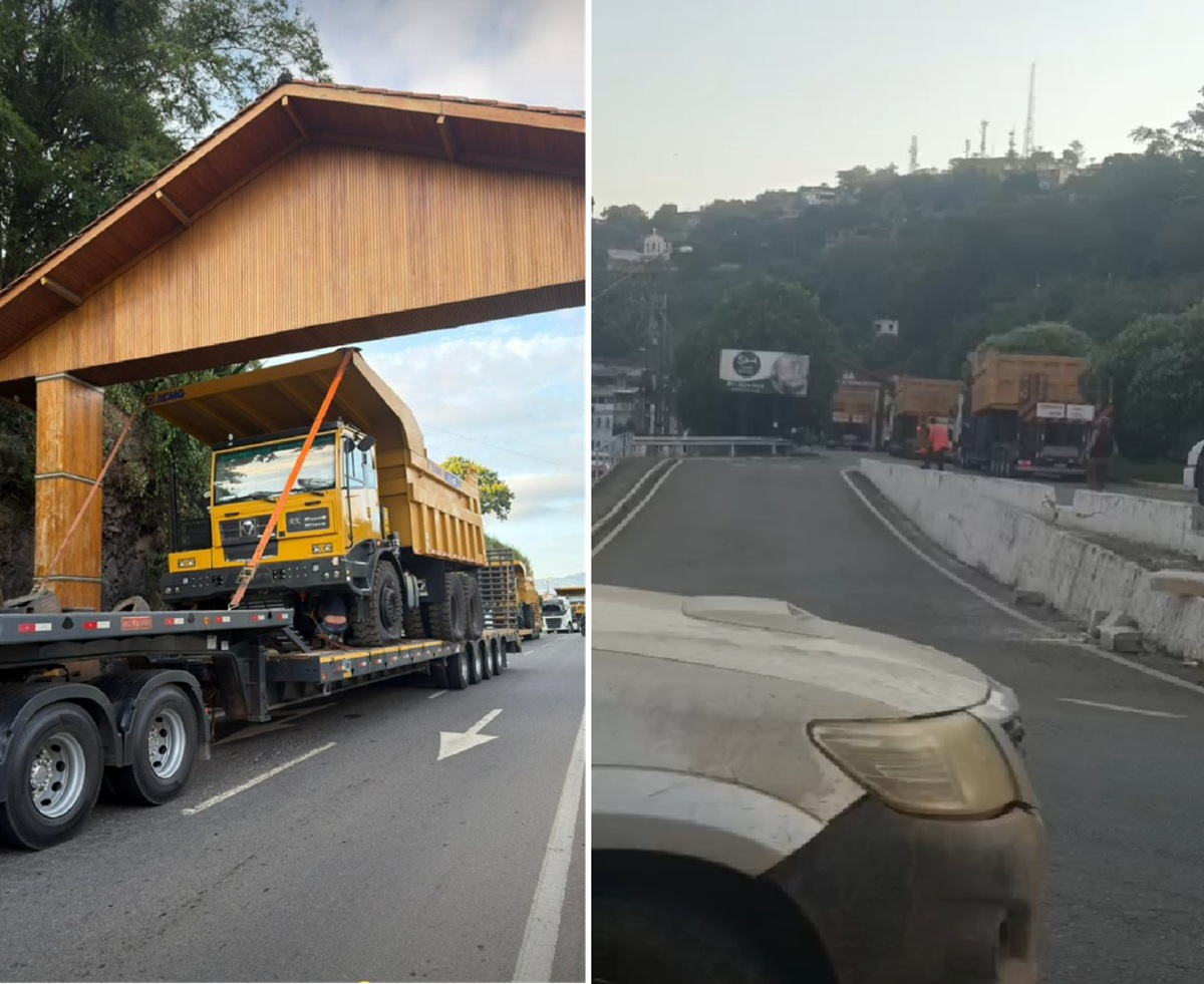 Carreta de mineração trava passagem em portal de Itaperuna e provoca congestionamento de mais de uma hora