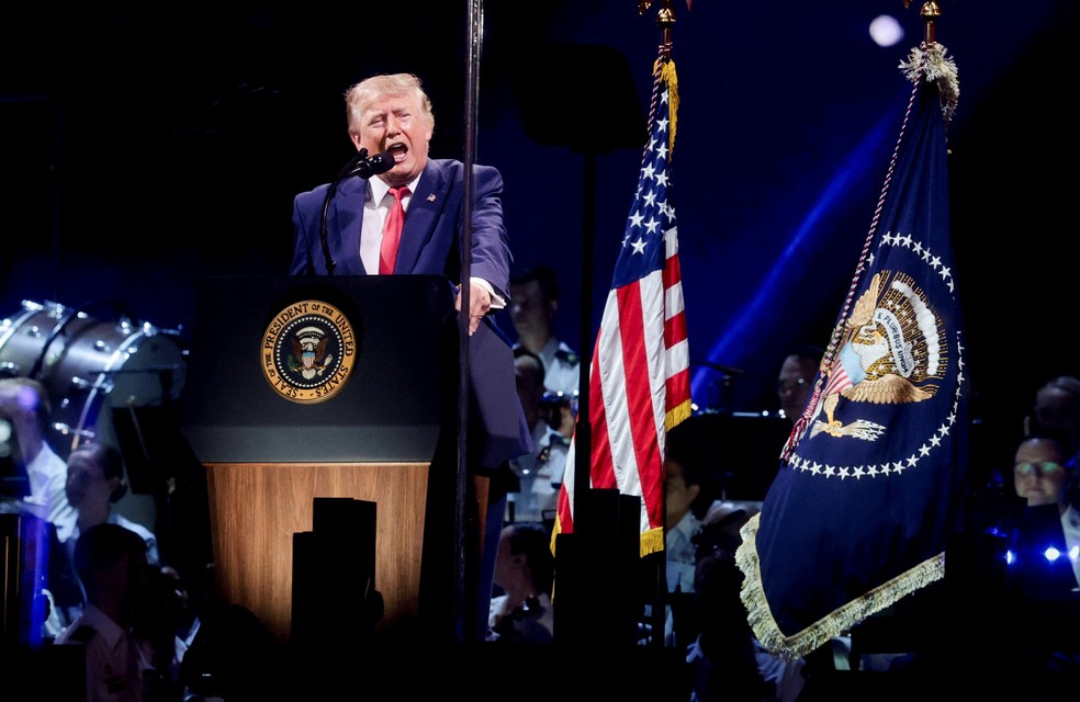 Presidente dos Estados Unidos, Donald Trump, discursa em evento de 250 anos de independência dos EUA, em Washington D.C., em 5 de julho de 2026. — Foto: REUTERS/Jonathan Ernst