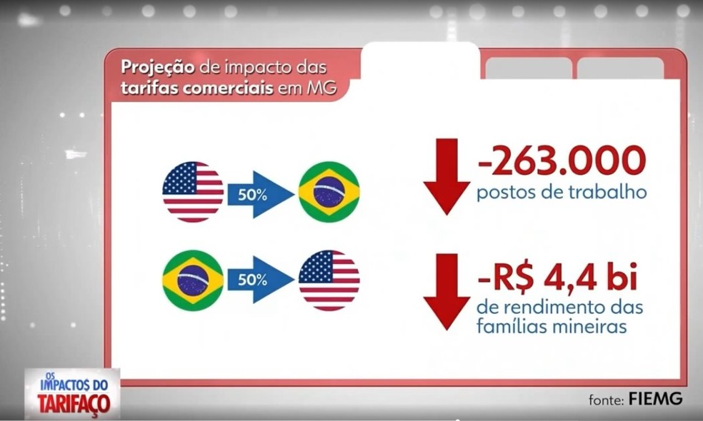 Cenário 1 - estudo Fiemg sobre possível taxação de 50% dos EUA sobre as exportações brasileiras — Foto: TV Integração/Reprodução