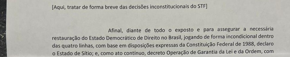 Trecho do documento no qual é sugerida a declaração de estado de sítio. — Foto: Reprodução