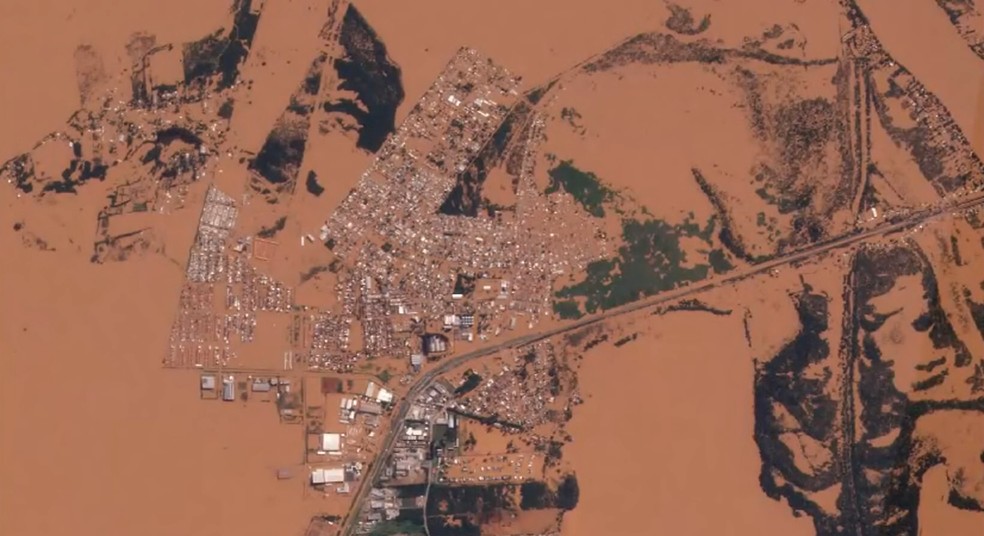 Imagem de satélite mostra Eldorado do Sul, que praticamente desapareceu no dia 6 de maio. — Foto: Jornal Nacional