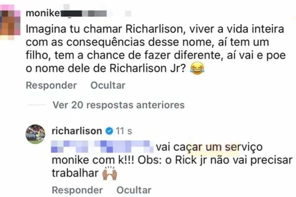 Print da interação entre jogador Richarlison e seguidora nas redes sociais. — Foto: Redes sociais