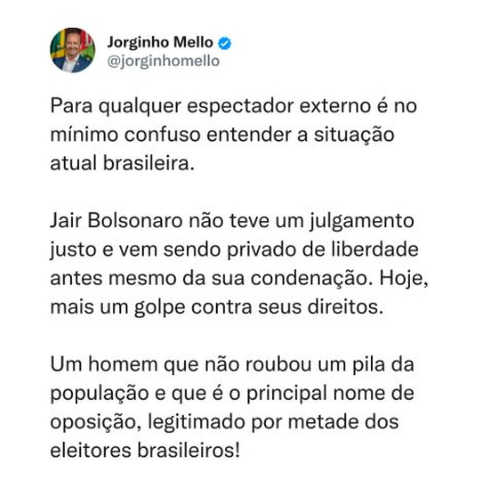 Jorginho Mello comenta prisão de Jair Bolsonaro — Foto: Reprodução/redes sociais