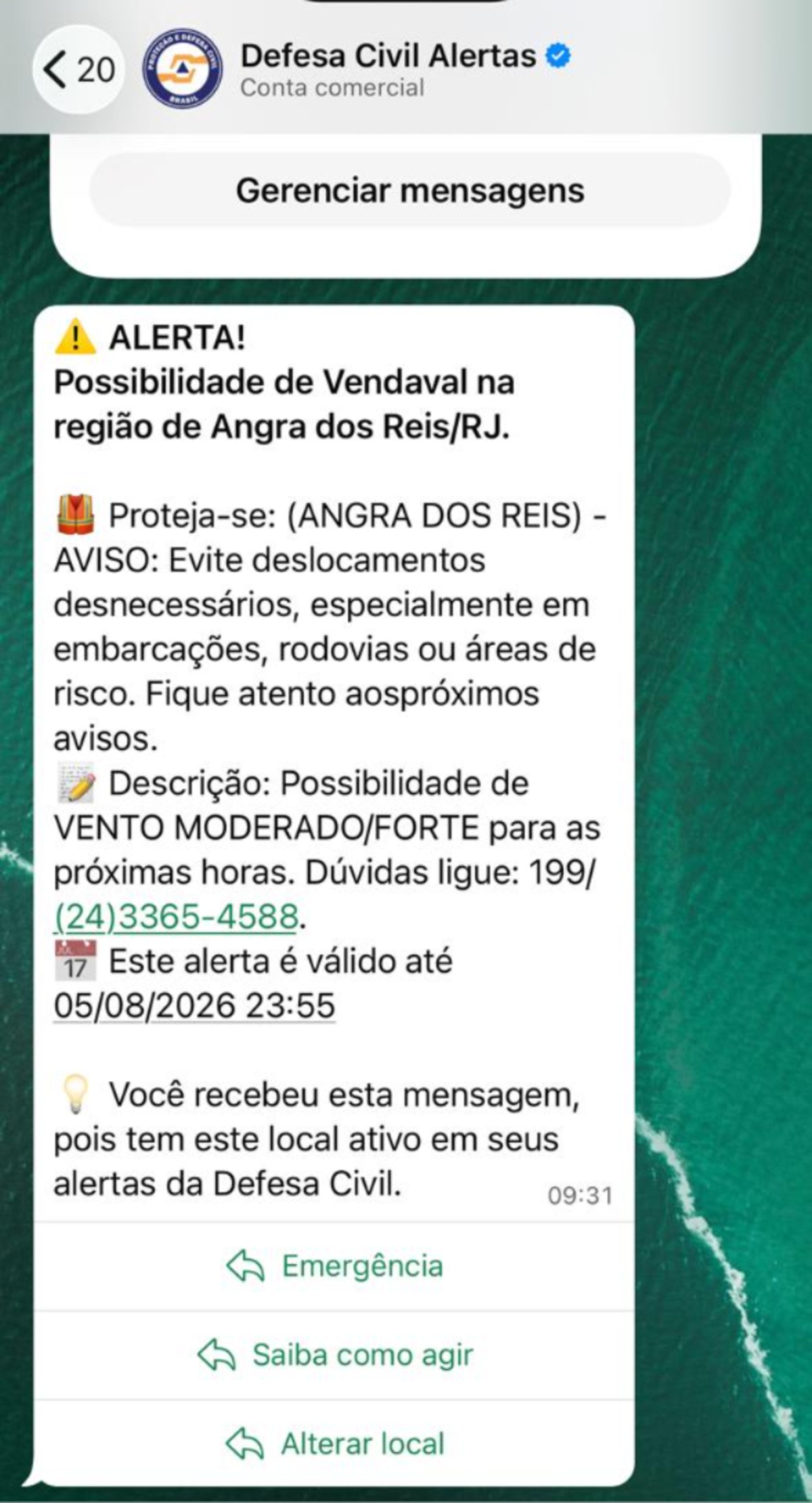 Defesa Civil alerta para possibilidade de vendaval para esta quarta-feira em Angra dos Reis